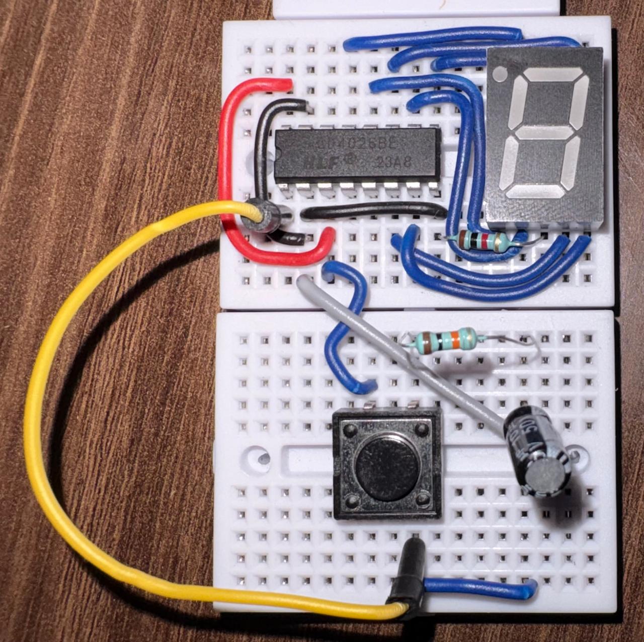Breadboard image of a debounced circuit