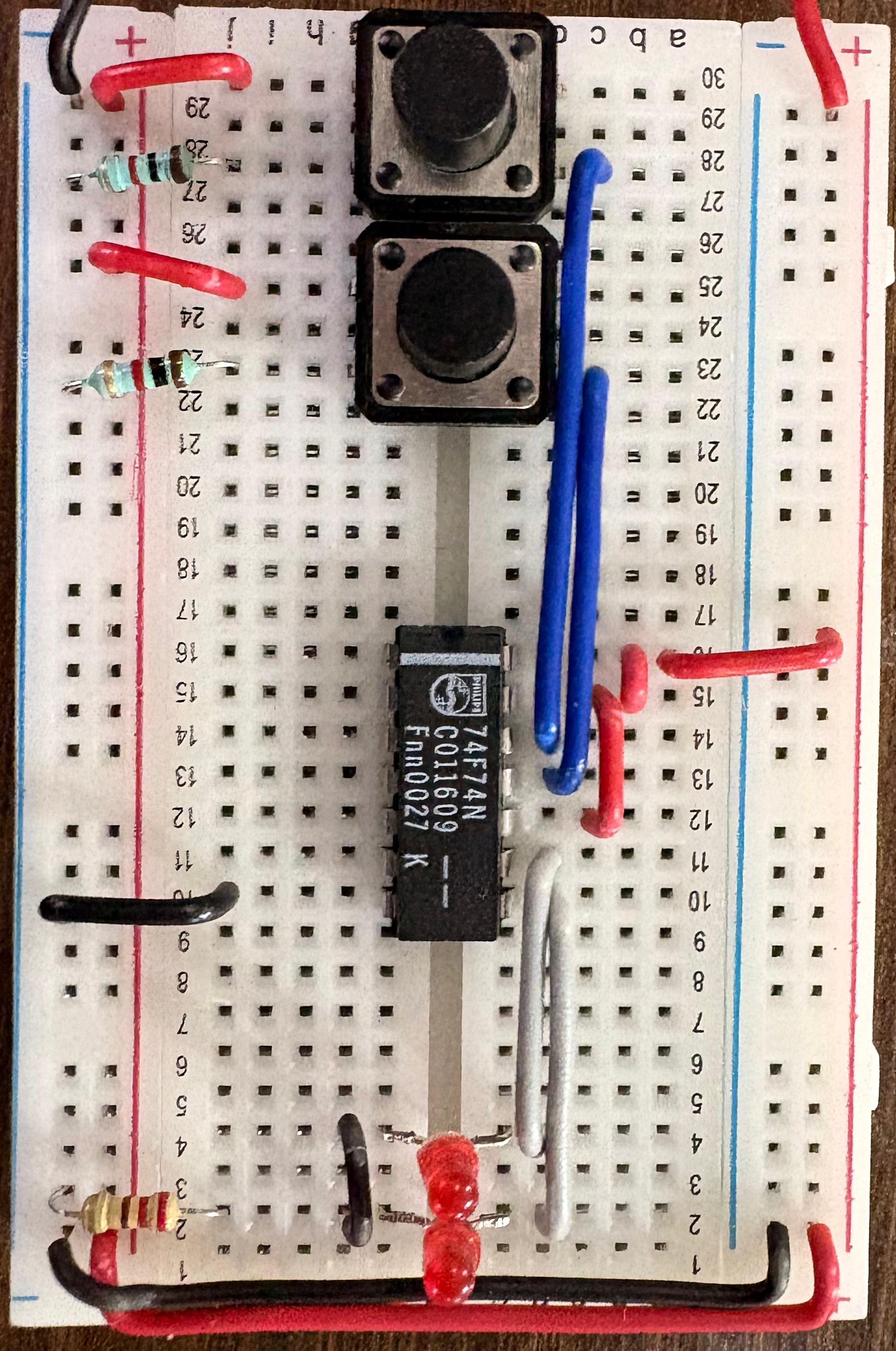 Breadboard schematic of D-Flip-Flop verification