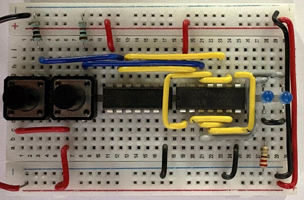 Breadboard circuit of D Latch