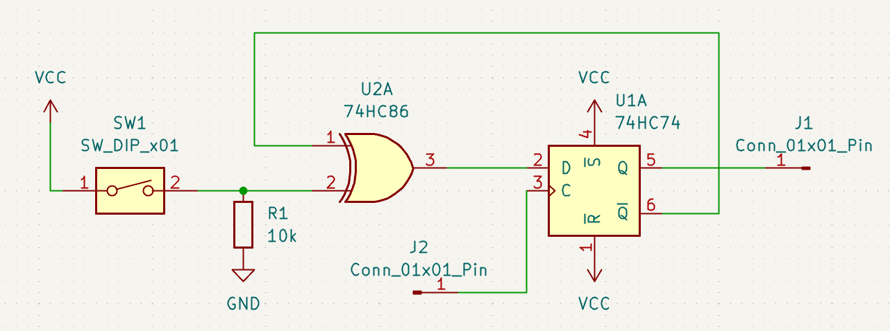 Circuit diagram of a T Flip-Flop using a 7474 D Flip-Flop and 7486 XOR gate